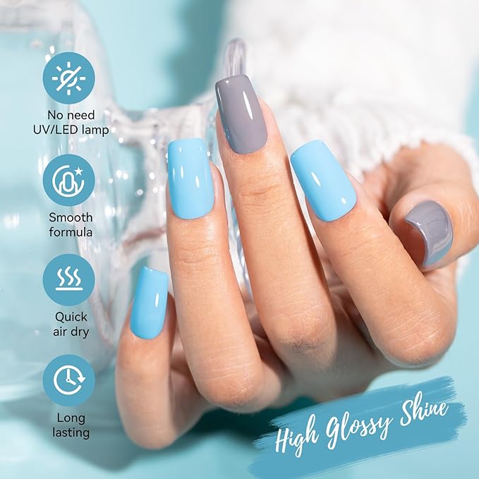 Nailshion Dusty Gray Blue Nail Polish, 2 Colors Fast Air Dry Fingernail Polish Duo, Light Blue, Non-Gel, Vegan, Opaque, Long-lasting Glossy Nail Art DIY Home Travel Manicure
