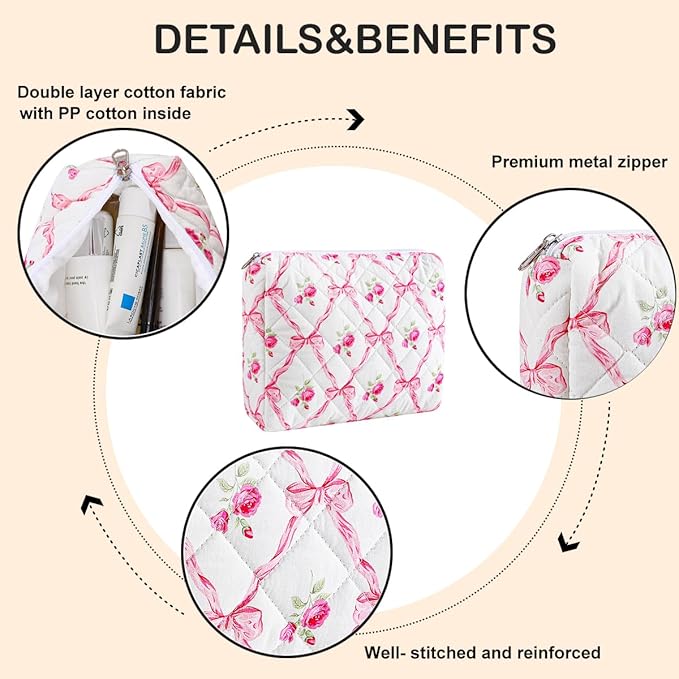 Cute Floral Makeup Bag Large Cotton Quilted Cosmetic Bag, Aesthetic Essential Bag Toiletry Period Bag for Women Travel Accessories (Pink Bowknot Rose)