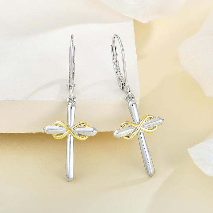 Starchenie Infinity Cross Earrings for Women 925 Sterling Silver Polished Cross Leverback Earring Crucifix Jewelry