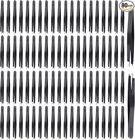 80 Pcs Eyebrow Lash Tweezers Set, Professional Black Iron Tweezers Bulk for Eyelash Extensions, Ingrown Hair Removal, Eyebrow Plucking and Facial Grooming - High Precision Beauty Tools for Women Men