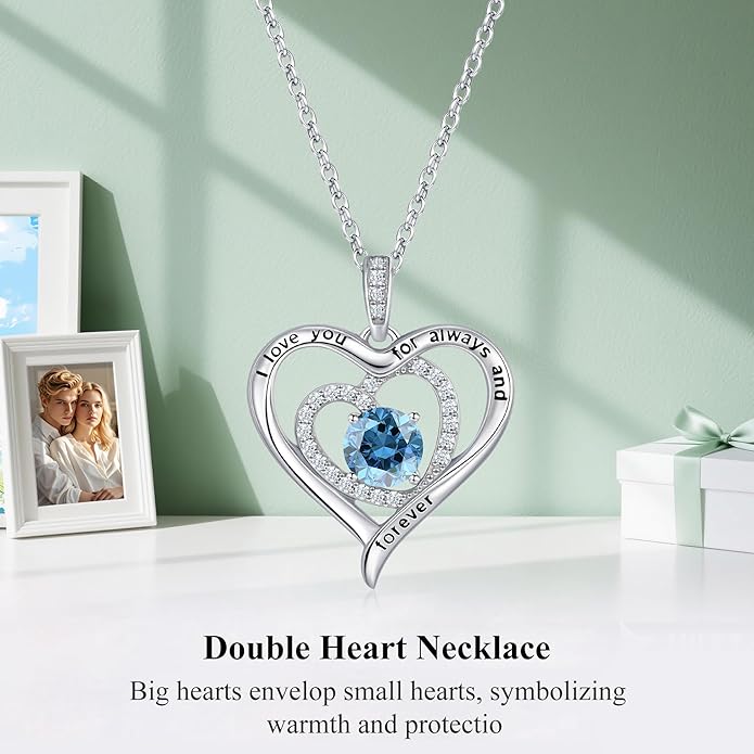 S925 Sterling Silver Necklace for Women, Valentines Day Gifts for Her, Love Heart Birthstone Necklaces for Women, Wife Jewelry, Mom Birthday Valentines Mothers Day Gifts, Girlfriend Necklaces, Daughter Heart Jewel, Anniversary for Her