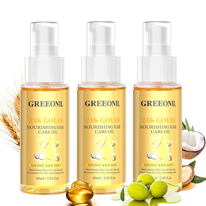GREEONIL Olive Oil Serum for Frizz Control, Hair Repair Serum,24K Gold Argan Oil Coconut Oil Olive Oil and Vitamin E for Split Ends Hair Treatment, Add Shine, 3 Pack