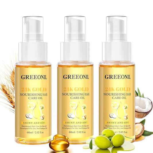 GREEONIL Olive Oil Serum for Frizz Control, Hair Repair Serum,24K Gold Argan Oil Coconut Oil Olive Oil and Vitamin E for Split Ends Hair Treatment, Add Shine, 3 Pack
