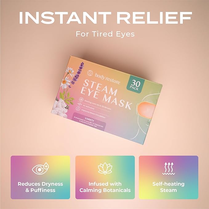 Body Restore Heated Eye Mask for Dry Eyes 30 Pack – Self Heating Warm Compress, Valentines Day Gifts for Her and Him, Birthday Gifts for Women and Men, Stye Eye Treatment, Relaxation – Variety
