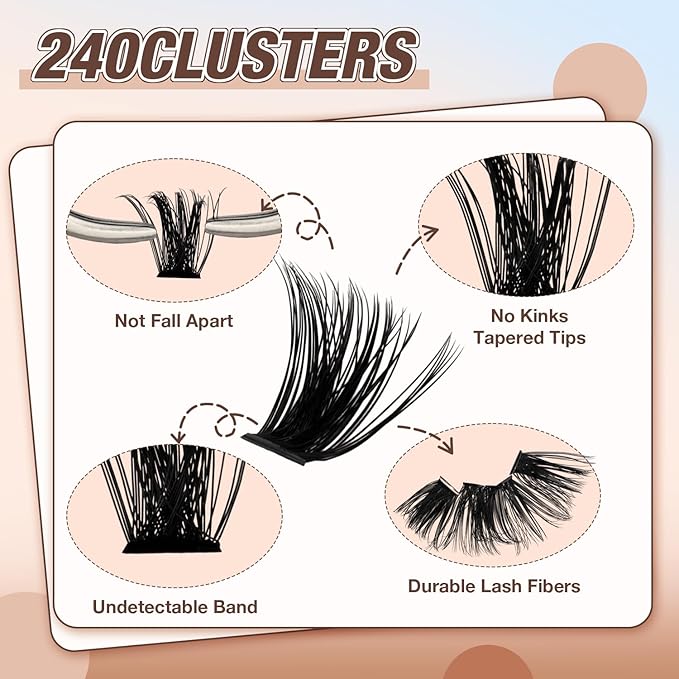 AILAISHI Lash Clusters Kit, DIY Cluster Eyelash Extensions 10‑20mm, 80D, 240pcs Fluffy D Curl Natural Lashes–Fake Cat Eye Individual Clusters