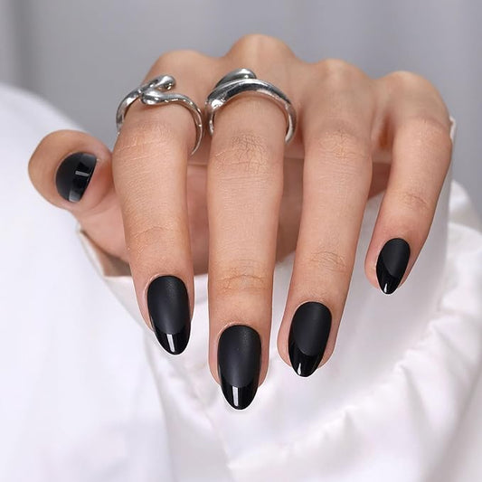 SHANGMENG Soft Gel Black Press on Nails Almond - Short Nails with Glossy French Tips in a Matte Finish, Stick on Nails with Glue in 16 Sizes - 32 Reusable Fake Nails for Women, Matte Black