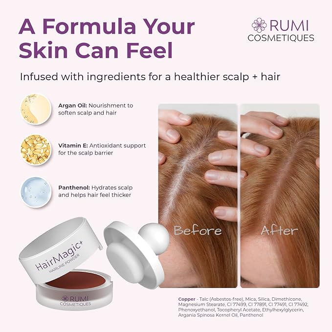 Rumi Cosmetiques HairMagic+ Root Touch Up Powder for Mature Women – Instant Gray Hair Coverage & Hairline Filler – Water-Resistant, Natural Finish, with Argan Oil & Vitamin E (Copper)