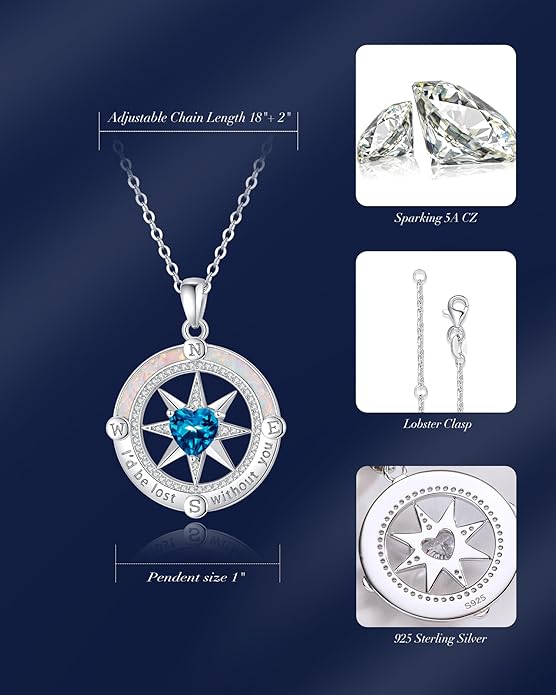 FANCIME Compass Necklace for Women Sterling Silver Compass Jewelry Opal Pendant Fine Jewelry Gemstone Birthday Christmas Gifts for Wife