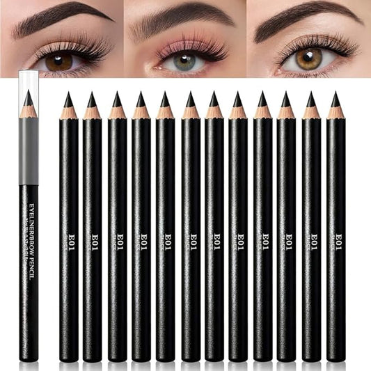 Eyebrow Pencils for Women, 12Pcs Hard-Core Wooden Eye Brow Eye Liner Pencils for Beginner Makeup, Black Coffee Brown Colors, Waterproof & Sweat-Proof (Black-12 Pcs-E01)