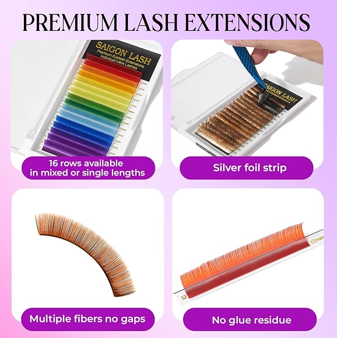 SAIGON LASH Eyelash Extensions, Mink Lash, Volume & Classic Lashes for Professionals, J/B/C/CC/D/L/M Curl, 4-15mm Length, Soft Korean PBT Fiber, 16 Rows Lash Tray (Rainbow-C-0.07-10mm)