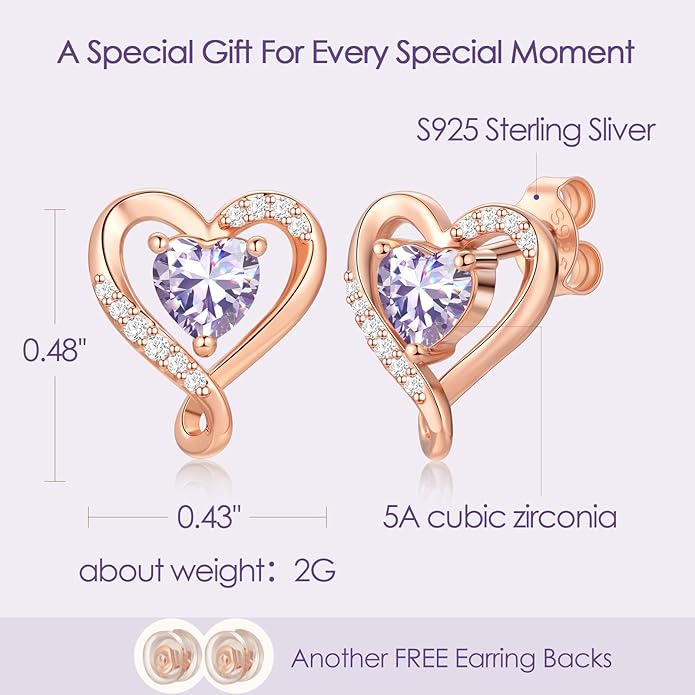 Zifeel Earrings for Women, S925 Sterling Silver Rose Gold Birthstone Heart Studs Earring for Girlfriend Wife, Anniversary Birthday Christmas Valentines Mothers Day Gifts Jewelry for Women Wife Her Mom