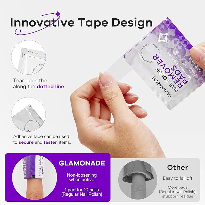 Glamonade Nail Polish Remover Pads: Acetone Nail Polish Remover Wipes 50 PCS Professional Individually Wrapped Wet Wipes Rapidly Remove Gel Fingernail Polish Travel Kit for Home & Salon Supplies