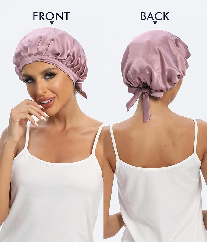 Cocheng 100% Mulberry Silk Bonnet Double-Sided Sleep Cap with Adjustable Ribbon 19 Momme Silk Bonnet for Sleeping (Bean Pink)
