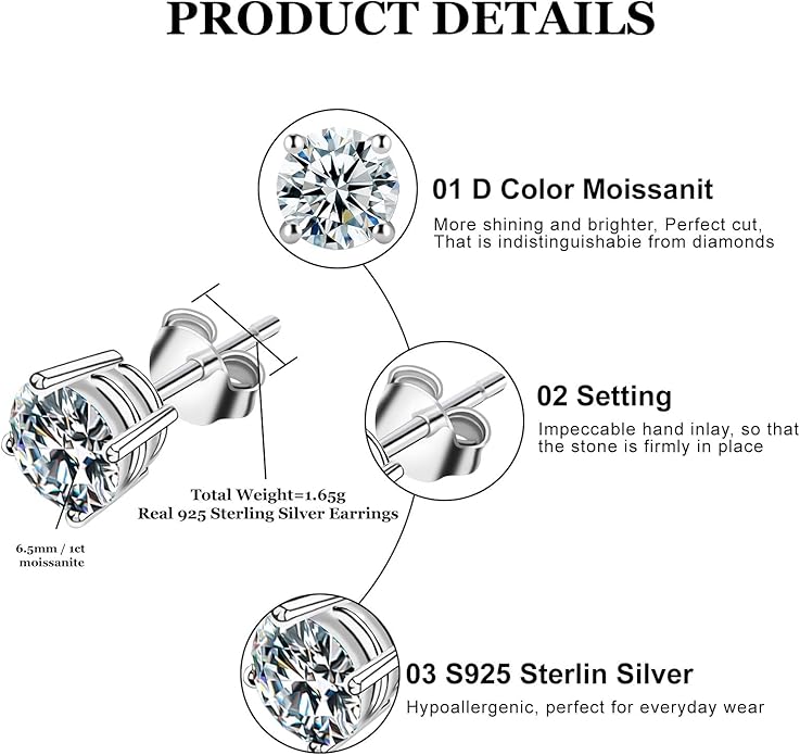 Tunzug Moissanite Stud Earrings DF Color Brilliant Round Cut Lab-Made Moissanite Earrings 18K Gold Plated 925 Sterling Silver Friction Base Stud Earrings for Men Women