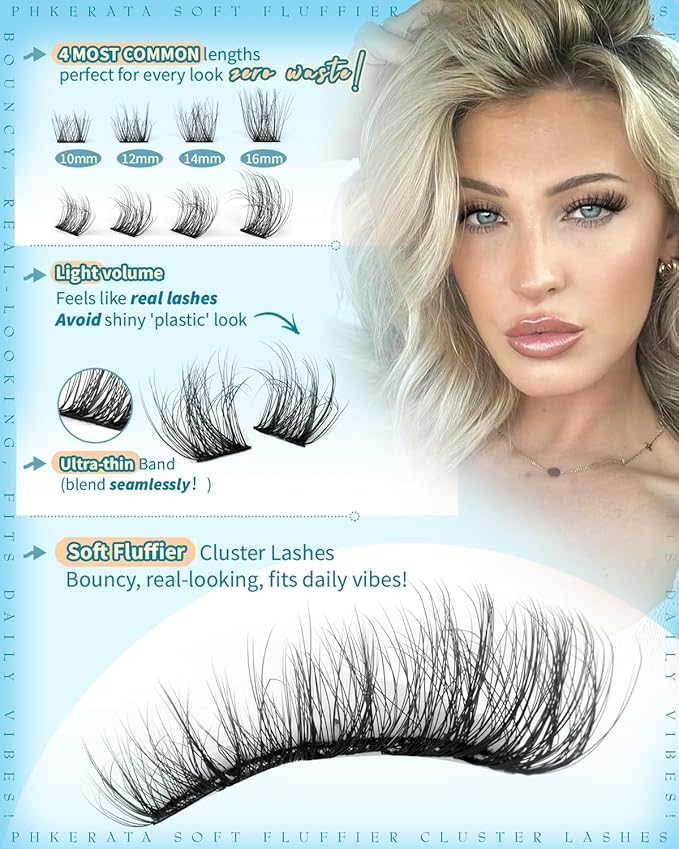 PHKERATA Lash Clusters Kit Natural Eyelash Clusters Wispy Lash Extension Kit 180Pcs Cluster Eyelash Extensions Kit 10-16mm C Curly Individual Lashes Soft with Lash Bond and Seal, Lash Tweezers