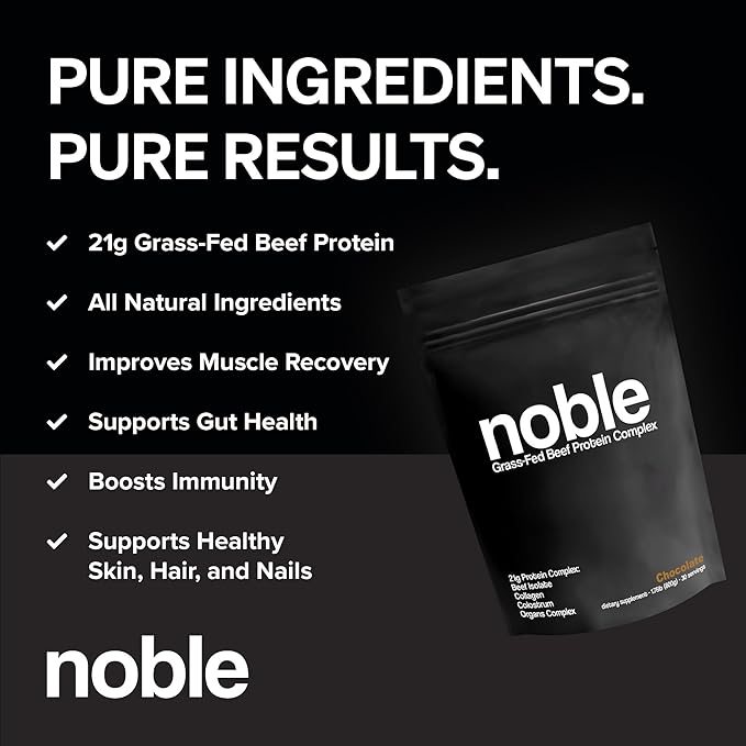 Noble All-in-One Chocolate Protein Powder, 21g Grass-Fed Beef Protein & Collagen, Colostrum & Organ Blend, Whey-Free, Seed Oil-Free, Zero-Carb, 30 Servings (1.75lbs)