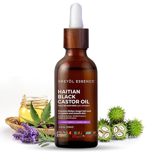 Kreyol Essence - Haitian Black Castor Oil for Skin and Hair, Glass Bottle - Cold Pressed | Hexane Free | Fuller-Looking Hair, Natural Humectant, Lavender Hibiscus. 2 Fl Oz