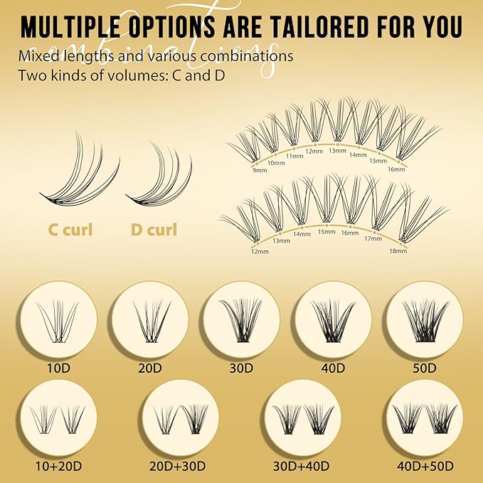 QUEWEL Lash Clusters 320Pcs Cluster Lashes 10D D Curl Lash Cluster Eyelash Extensions Mix9-16mm Individual Eyelashes Clusters Wispy Lash Clusters Thin Band Soft to Use at Home(10D D Mix9-16)