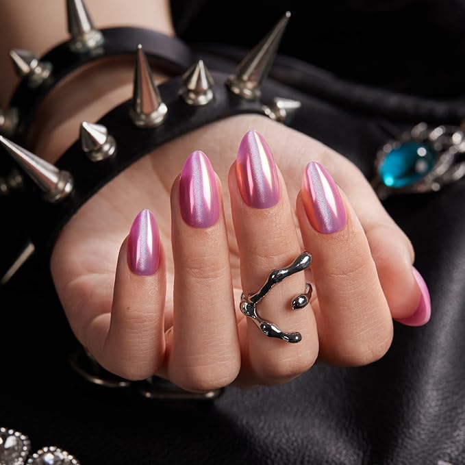 VSALON Press on Nails Short Almond - Pink Cat Eye Chrome Nails Kit for Women, Halloween Reusable Aurora Effect Opaque Gel Fake Nails with Glue & Cuticle Oil - 32 PCS Stick On Nails in 16 Sizes