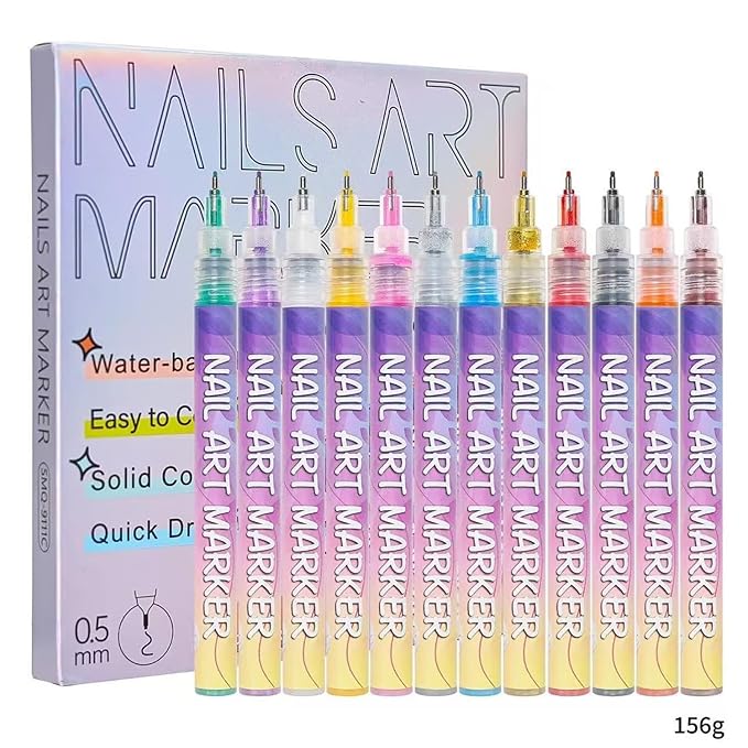 12 Colors Nail Art Pens Set Nail Art Pens, Nail Art Markers for Nail Art Fine Tip Nail Art Pen 0.5mm, Nail Polish Pens Quickly Dry Nail Art Pens for Painting Nails for Home DIY Salon