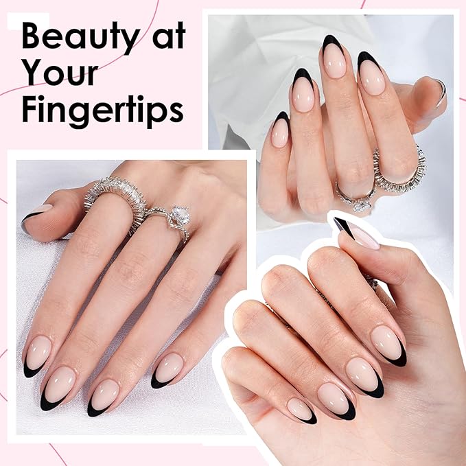 Canvalite Black French Tip Press On Nails, 30Pcs Short Press on Nails Almond Reusable Acrylic Fake Nails with Glue & Glue Remover Easy to Use Manicure Kit for Women