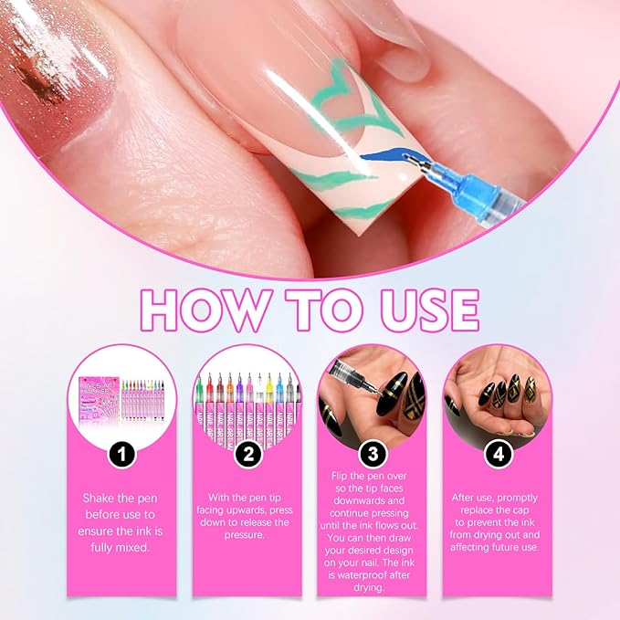 12 Colors Nail Art Pens Set,Fine Tip Nail Polish Pens Set,Quick-drying Waterproof for Nail Painting Pens,Manicure Kit Tools for Home Salon and DIY Nail Art Design(Pink)