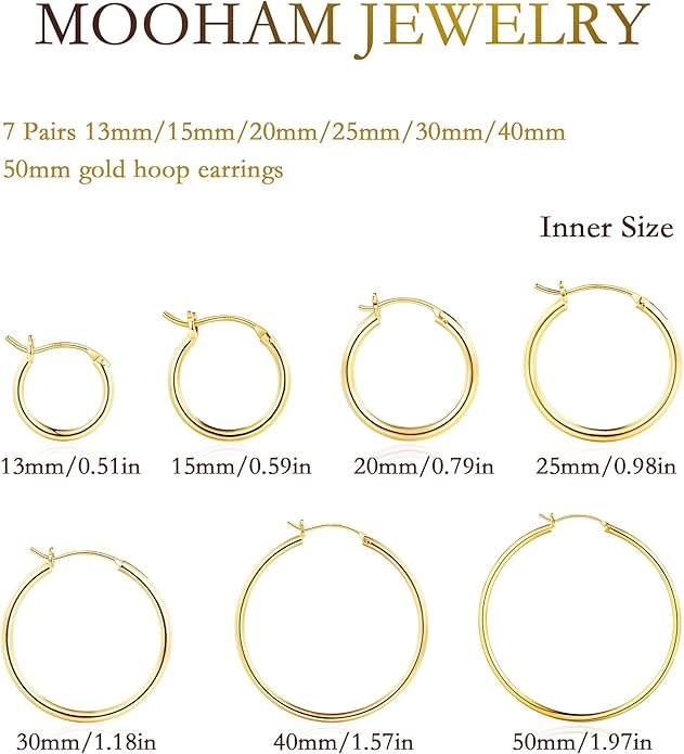M MOOHAM 14K-Gold-Plated Hoop Earrings for Women - Hypoallergenic 14K Gold 925 Sterling silver-plated Post Sensitive Ears Nickel Free Hoops Earrings Set for Women Jewelry Lightweight 13-60mm