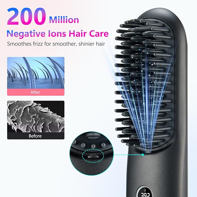 STUDLLY LCD Screen Cordless Hair Straightener Curler 2 in 1, Portable Mini Hair Straightening Brush for Travel Negative Ionic Fast Heating Hot Comb for Women, Folding Brush with Mirror, Black