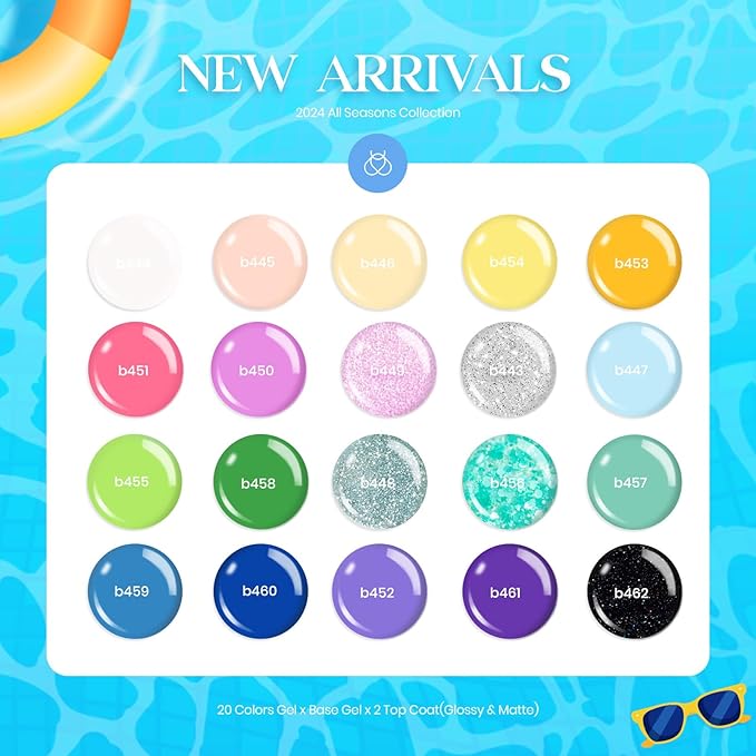 Beetles Summer Gel Nail Polish Set, 20 Colors Pastel Neon Pink Yellow Green Blue White Glitter Gel Nail Polish Kit Base Coat Matte Glossy Top Coat Soak off Uv Gift for Women