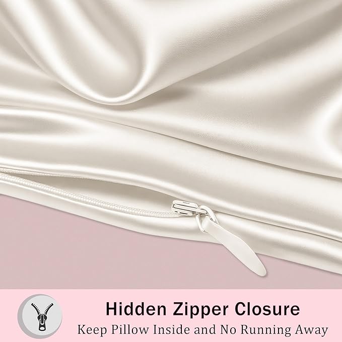 Mulberry Silk Pillow Cases with Zipper, Ultra Smooth Soft Breathable Cooling Pillow Cases for Hot Sleepers, Silk Satin Pillowcase for Hair and Skin, Gifts for Women (Ivory, Standard Size, 1 Pack)