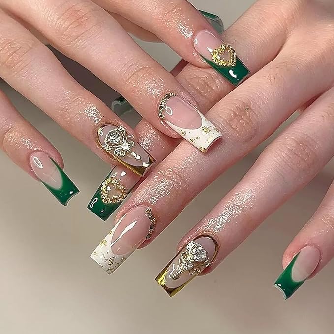 Green French Tip Press on Nails Medium Coffin Fake Nails with Flower Heart Charms Design - Full Cover Stick on Press ons - for Women Manicure 24 Pcs