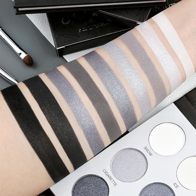evpct 9 Colors Silver Gray Glitter Eyeshadow Palette, Black Smokey Grey and Silver White Sparkle Glitter Shimmer Shiny Eye Shadow Palette Makeup for older Women, Goth Gothic Highly Pigmented Eyeshadow