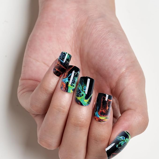 GLAMERMAID Black Press on Nails Medium Square, Tie Dye Gothic Gel False Nals, Ombre Color Oil Paint Emo Glue on Nails Kit for Women, Dark Comic Reusable Stick on Acrylic Fake Nails Manicure Set