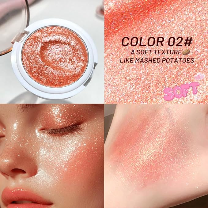 Highlighter Makeup Palette for Blush,Contour,Shadow,Face or Eye Makeup, Shimmer Glow, Creamy Mousse Pressed Powder, Intensely Pigmented, Glitter Sparkling (B03-02# Sunbathing)