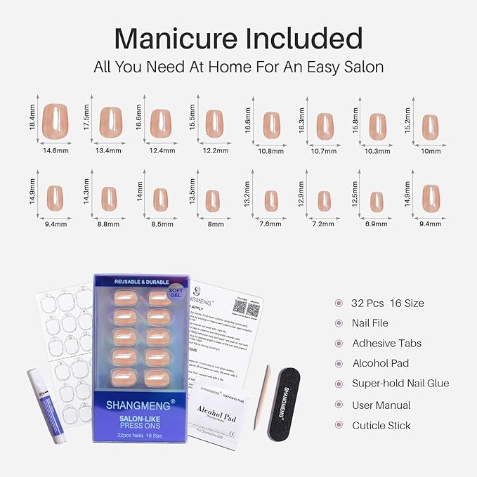 SHANGMENG Nude Chrome Press on Nails Square - Soft Gel Short Press on Nails for Women Gift, Fit Perfectly & Natural Glue on Nails in16 Sizes - 32 Reusable Fake Nails with Glue, Aurora Nude