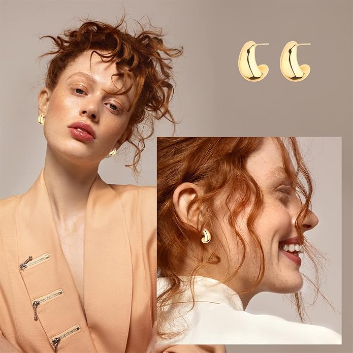 HILXURY Gold Chunky Hoop Earrings Set for Women, 14K Gold Plated Twisted Huggie Hoop Earring Hypoallergenic, Thick Open Hoops Set Lightweight