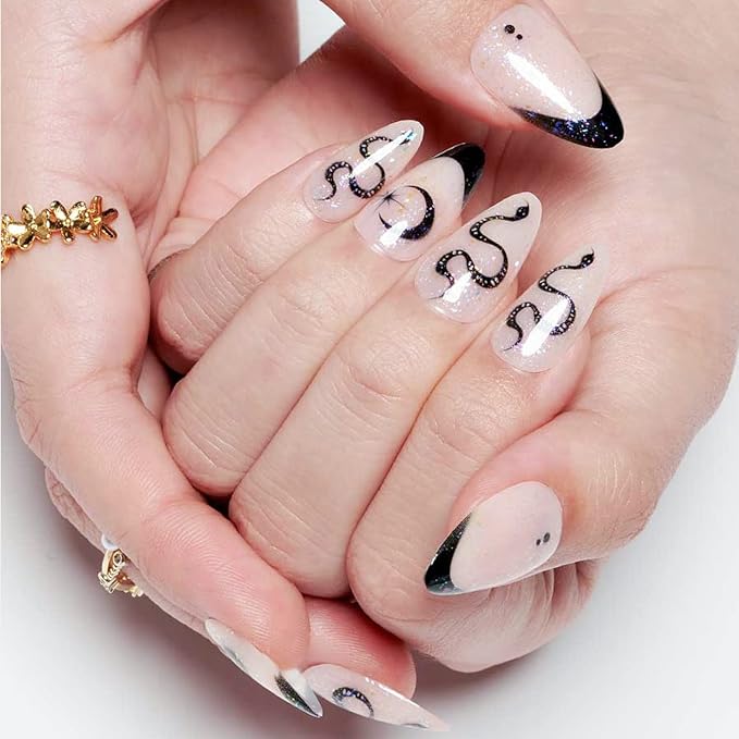 GLAMERMAID White Press on Nail Medium Almond, Natural White Crush Nail, Stiletto Fake Nail with Glitter Snake Design, Short Oval Stick Glue on Nail Tips for Women, Reusable Acrylic False Nail Kit