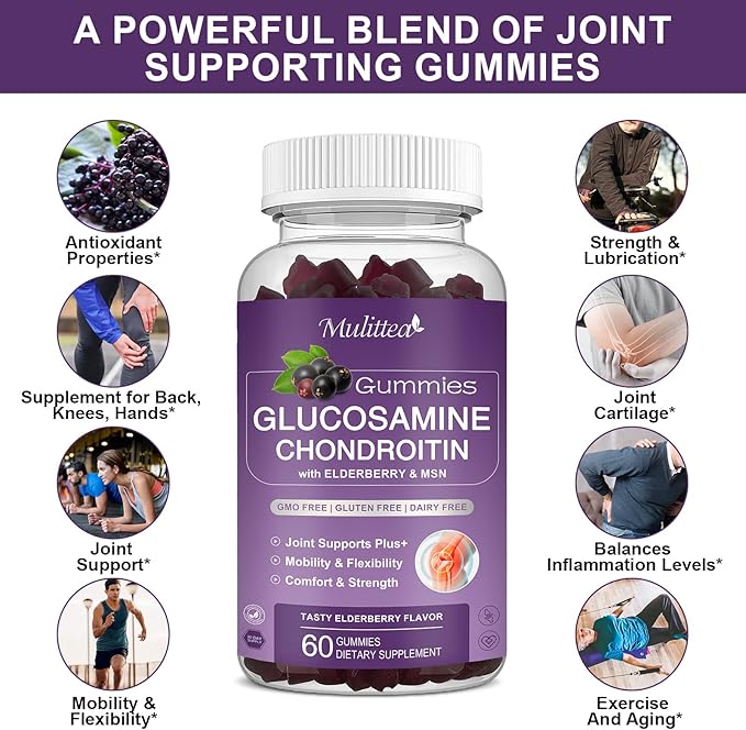 Mulittea 3 Pack Glucosamine Chondroitin Gummies MSM Elderberry Calcium- Extra Strength Joint Support Supplement for Relief. Antioxidant Immune Support for Adults Men Women