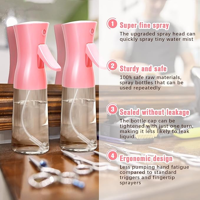 Apidgrowth Spray Bottle,Fine Mist Spray for Hair,Ultra-Fine Continuous Spray Bottle for Skincare,Plant Care,Pet Grooming,Cleaning, Refillable Spray Container,Christmas Gift (1Pcs Light Pink 6.8oz)