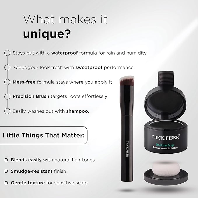 THICK FIBER Root Touch Up Powder - Water & Sweat Resistant Hair Loss Concealer Set for Thinning Hair Women, Includes Brush (Black) | for Thinning Hair, Includes Brush