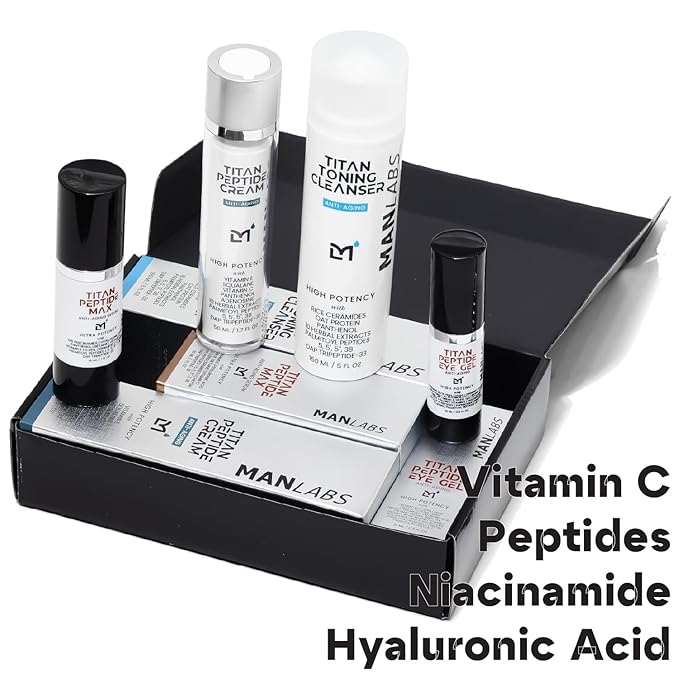Man Labs Titan Oscar Anti-Aging Mens Skin Care Kit – Wash, Face Serum, Eye Cream, Mens Face Moisturizer – Men, Skin Care Set – Dark Circles, Wrinkles, Fine Lines – Vitamin C, Peptides, Niacinamide, HA