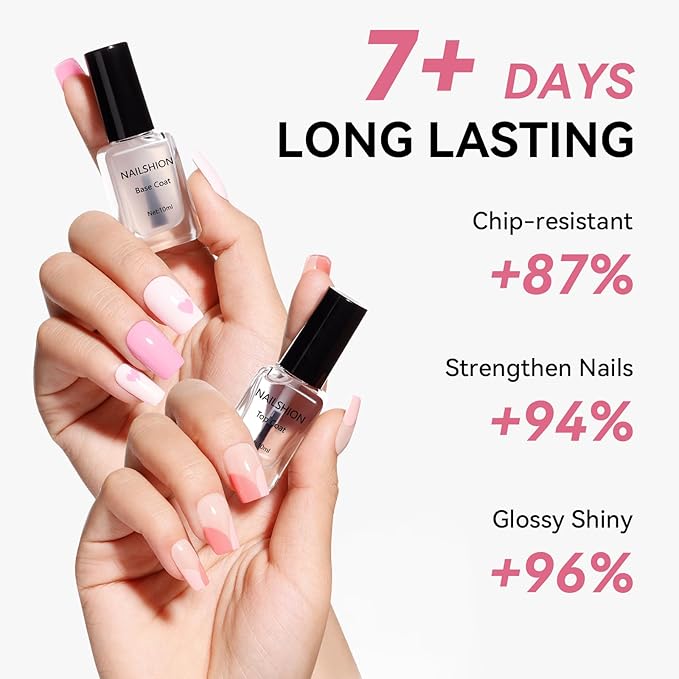 Nailshion Base Coat and Top Coat, Clear Regular Nail Polish, Rich in VE Calcium Quick Air Dry Nail Strengthening Non Gel, 2Pcs Vegan Base Chip Resistant High Shine Long-lasting Nail Art Gift Set