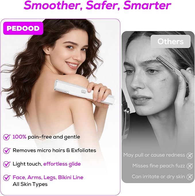 PEDOOD Dermaplane Razor for Women Face, Painless Sonic Dermaplane Tool with 10 Upgraded Micro Mesh Dermaplaning Blades, Women’s Facial Exfoliation & Peach Fuzz Hair Removal System (Off-White)