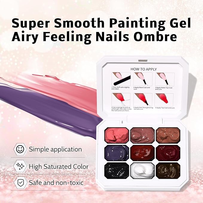 Karroy Sponges Pat Gel Nail Polish Palette, 9 Colors Blending Ombre Gel Polish Patting Gradient Painting Nails Art, No Wipe, UV/LED Cured, 100Sponges 6Brushes 1Grabber (Set 05)