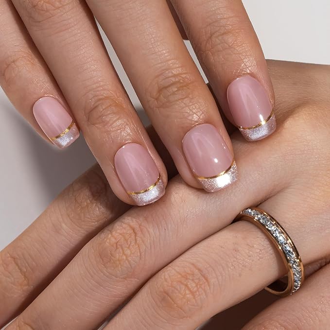 Curvlife Soft Gel Press on Nails, Cat Eye French Nail Tips, Full Cover Glossy Design Reusable Fake Nails Kit with Glue and Adhesive Tabs