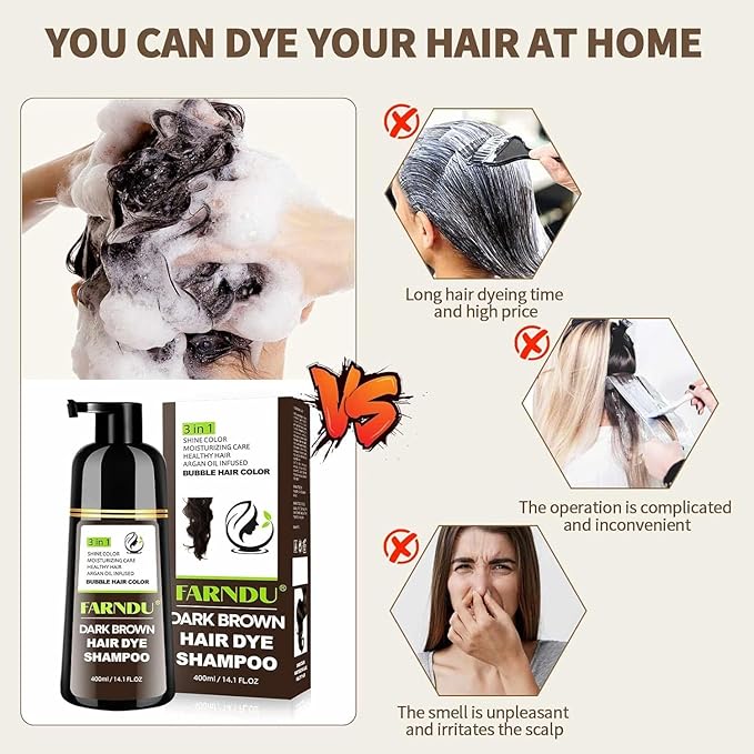 Farndu Dark Brown Hair Dye Shampoo, 3 in 1 Instant Hair Color with 15 Min Gray Coverage, Natural Semi-Permanent Herbal Shampoo for Men & Women