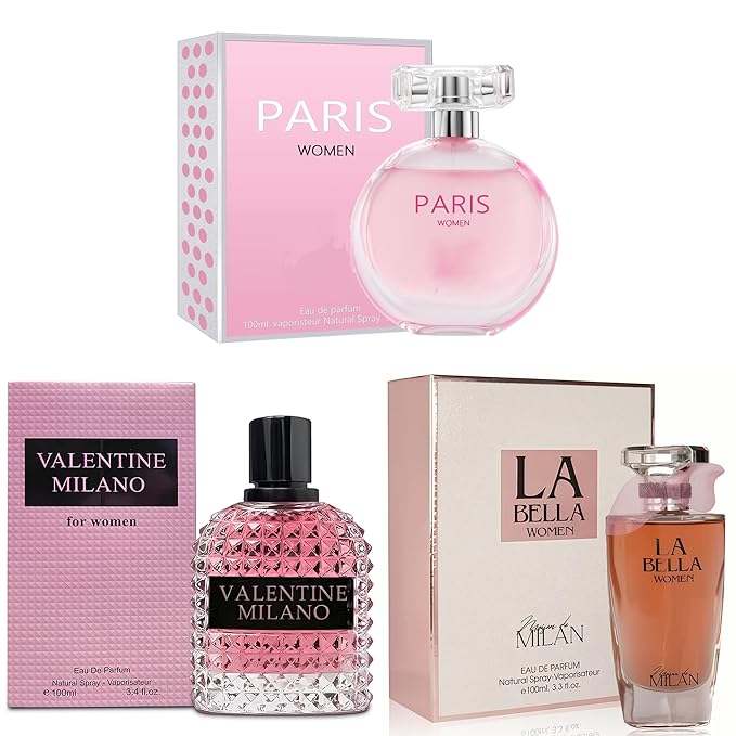 A CENTER Perfum Combo Set for Women - Floral Fragrance with Jasmine, Rose & Lily of the Valley | 3.4 Fl Oz Each Women Cologne Gift Set (La Bella/Valentine Milano/Paris)