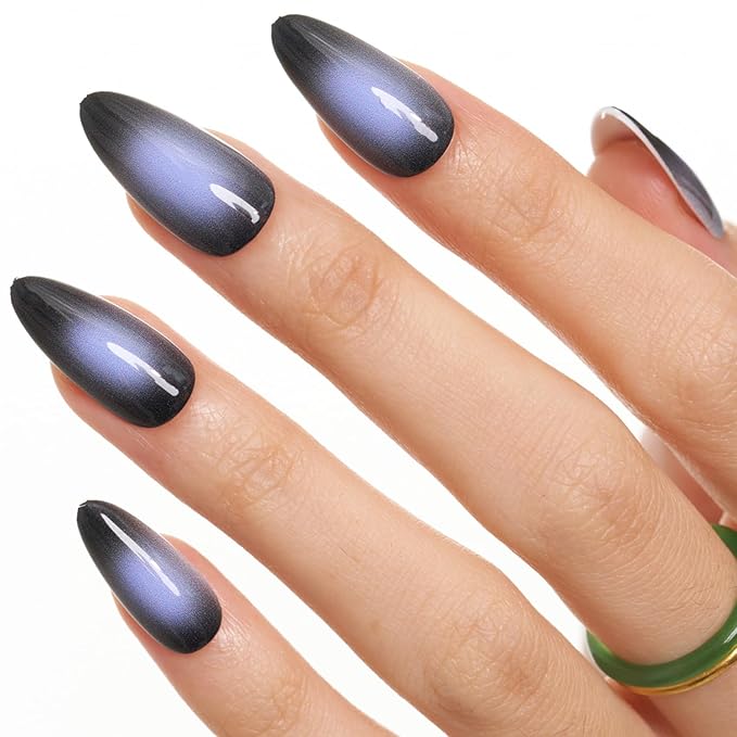 GLAMERMAID Black White Ombre Press on Nails Medium Almond, Purple Aurora Fake Crush Nails, Stiletto Fake Nails, Short Oval Stick Glue on Nails Tips for Women, Reusable Acrylic False Nail Kits