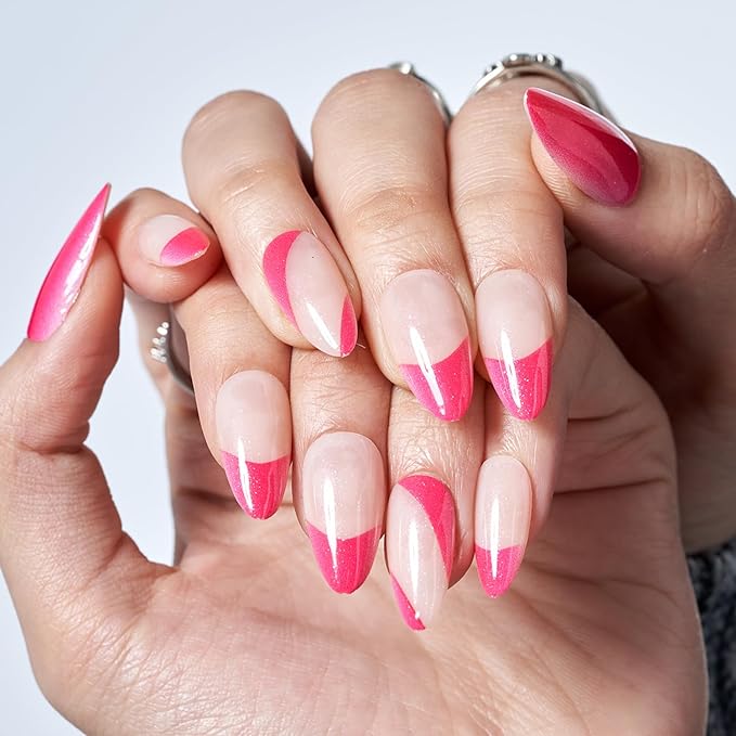 GLAMERMAID Pink French Tip Press on Nails Medium Almond, Nude Gel False Nals, Jump Color Stiletto Glossy Glue on Nails Kit for Women, Reusable Short Oval Stick on Acrylic Fake Nails Manicure Set