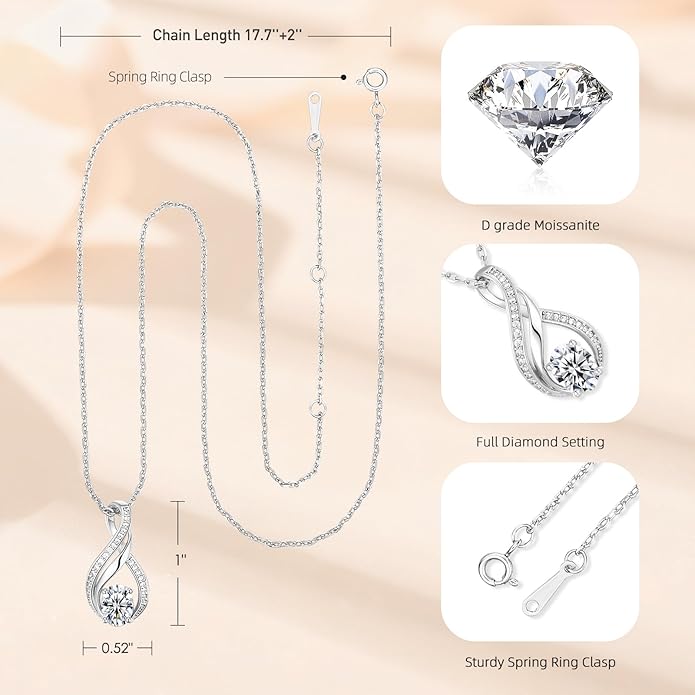 KRZ Moissanite Infinity Women Necklace, 925 Sterling Silver with White Gold Plated Christmas Valentines Mothers Day for Her, Anniversary Birthday Jewelry Gifts for Wife Girlfriend